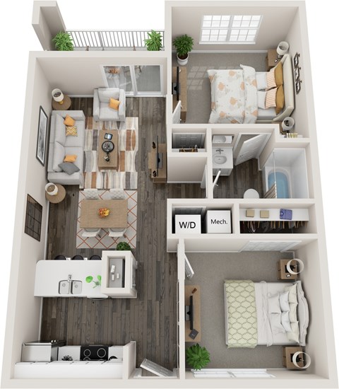 Floor plan for 2 beds, 1 bath, 845 sqft